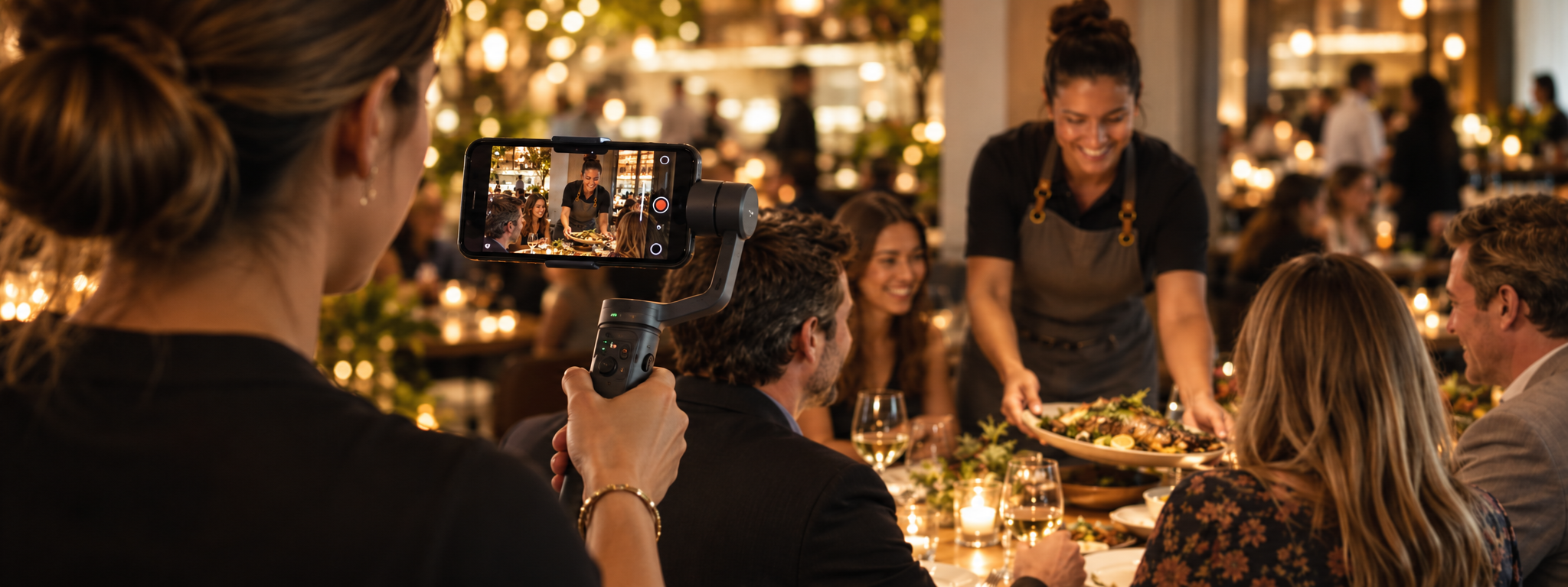 A content producer filming a server delivering a family-style dish during live restaurant service